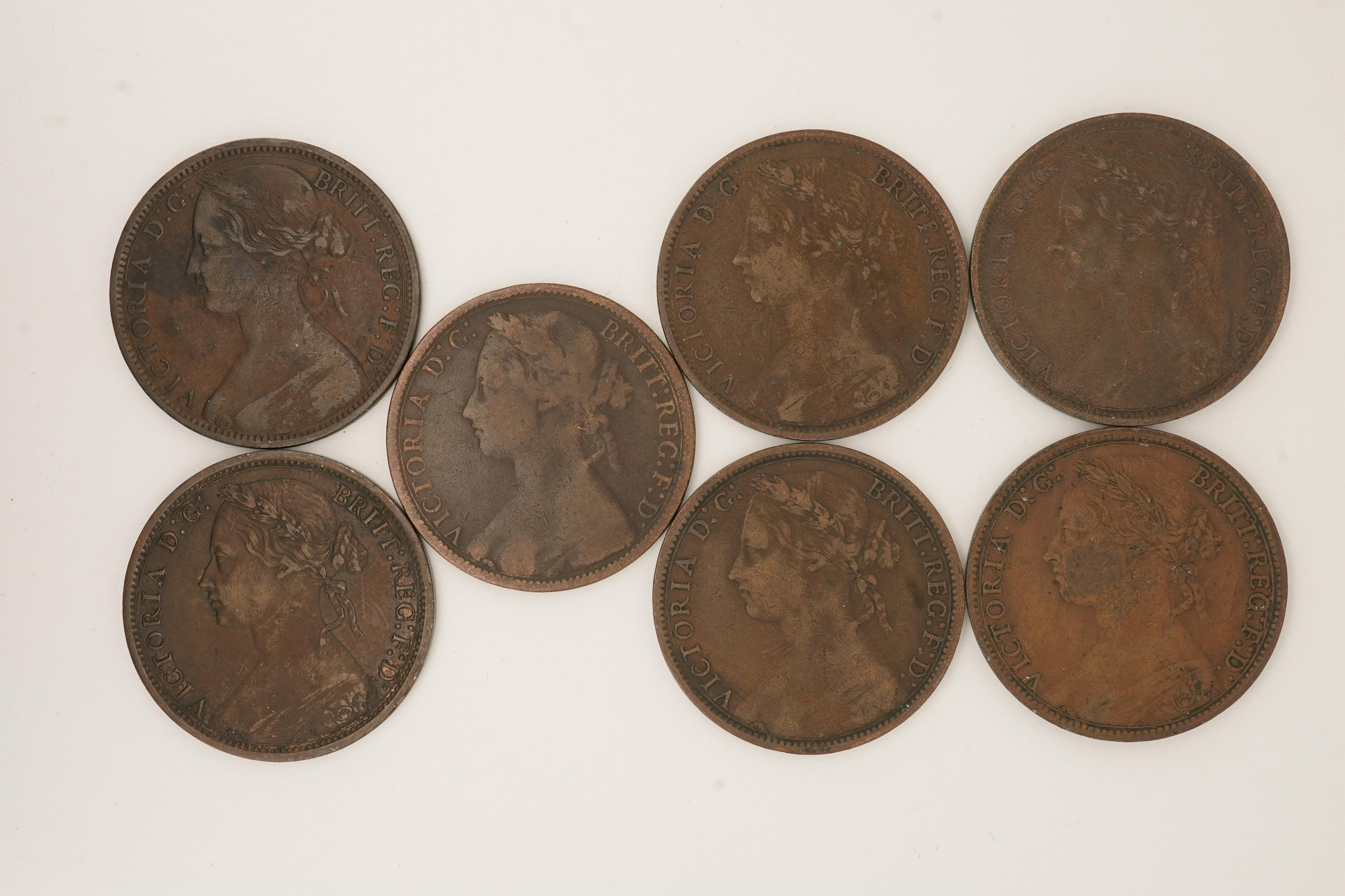 British coins, Victoria, seven bronze pennies;, 1872, Fr. 62, Gouby dies J/g, fine, dark toned, 1874, small date, Fr. 73, K/j, good VF, dark toned, 1875, H below, Heaton mint, Fr. 85, good, dark toned, scarce, 1875, Fr.